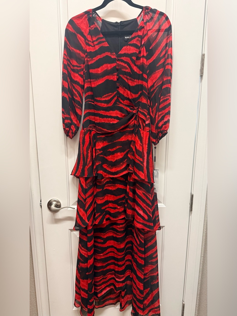 Karl Lagerfeld Red and Black High-Low Tiered Ruffle Zebra Dress NWT Sz 4
